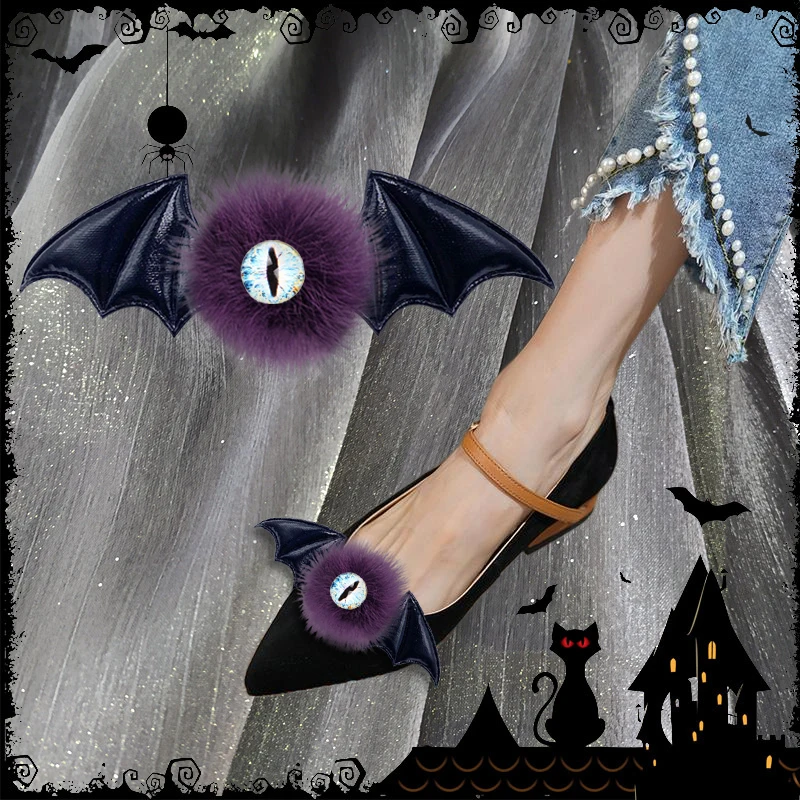 

2 Pcs Halloween Mink Fur Shoe Clips Leather Bat Wing Shoe Embellishment Horror Eye Shoe Buckle for Halloween Party Accessories