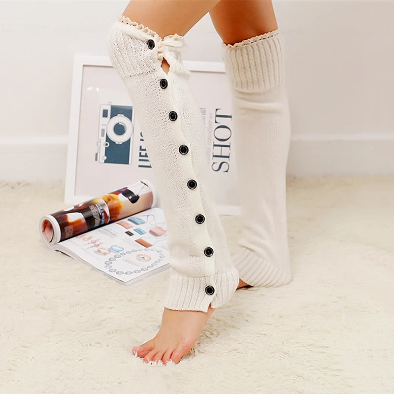 50CM Leg Warmers Women Button Lace Over Knee Boot Cover Long Knitted Foot Cover Ladies Ankle Winter Warm Socks