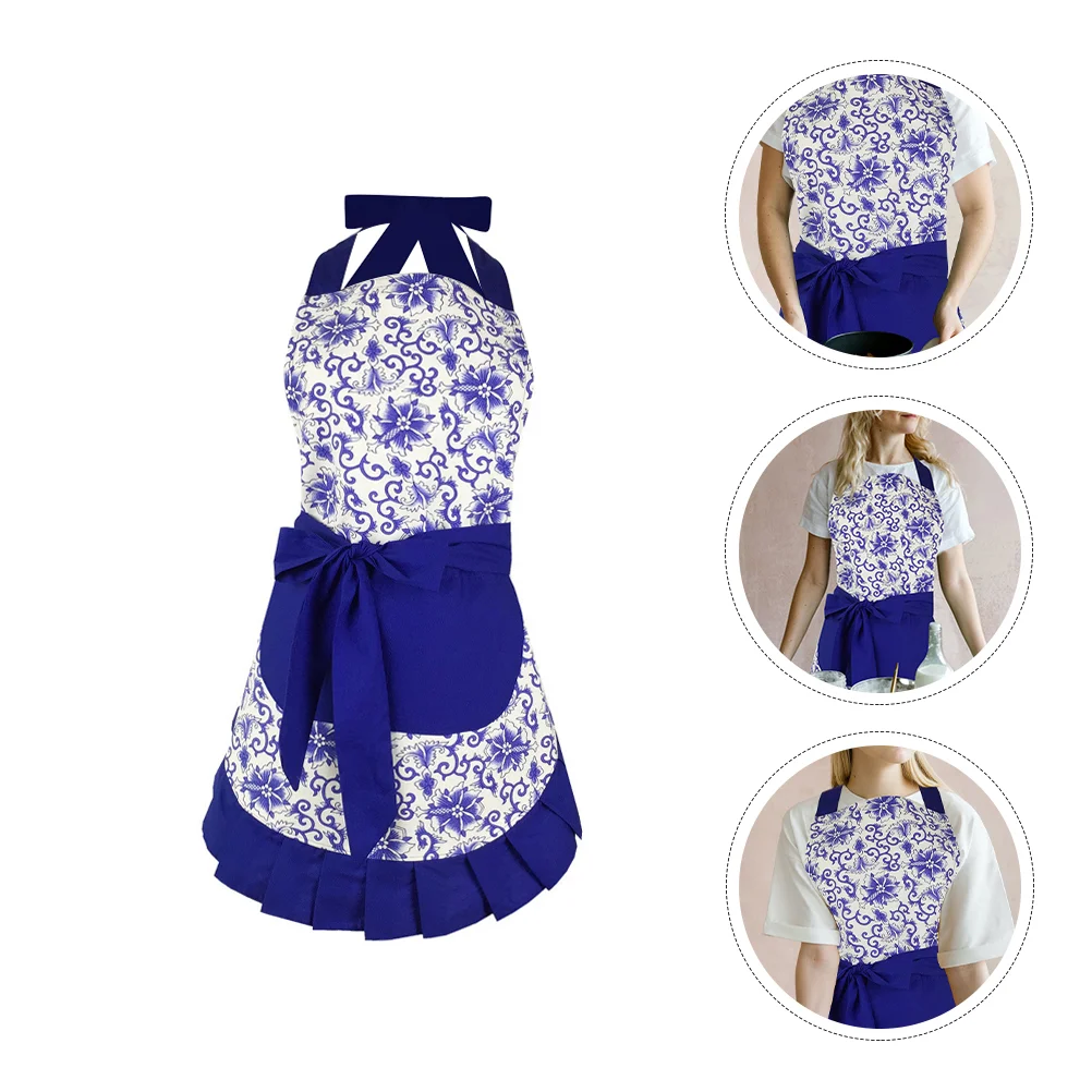 

1pc Sleeveless Apron Cotton Blue and White Porcelain Pattern Housework Apron