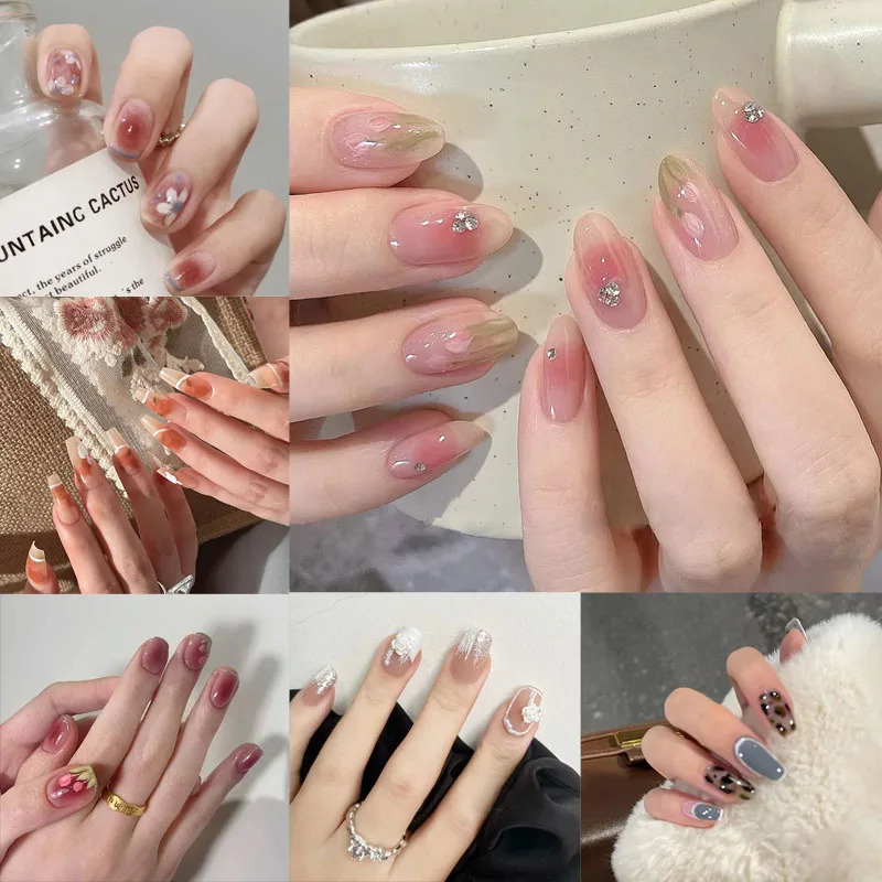 24pcs Full Acrylic Press on Fake Nail Set Jelly Nails French Tips Fake Nails with Designs Nails Coffin Medium Length with Glue