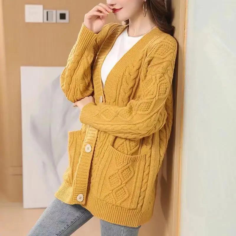 

Korean Cardigan Women Autumn V-Neck Pockets Knitted Sweater Womens Long Sleeve Solid Retro Daily Basic Vintage Causal Loose T490