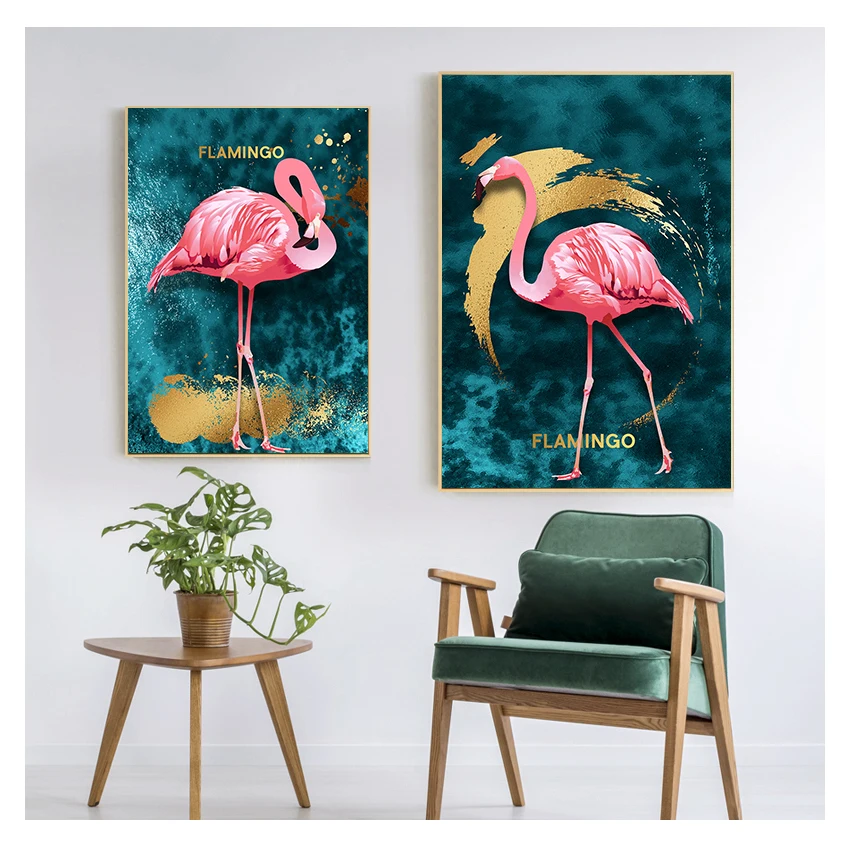 Золотой фламинго синий морской фотопринт живопись с животными современный