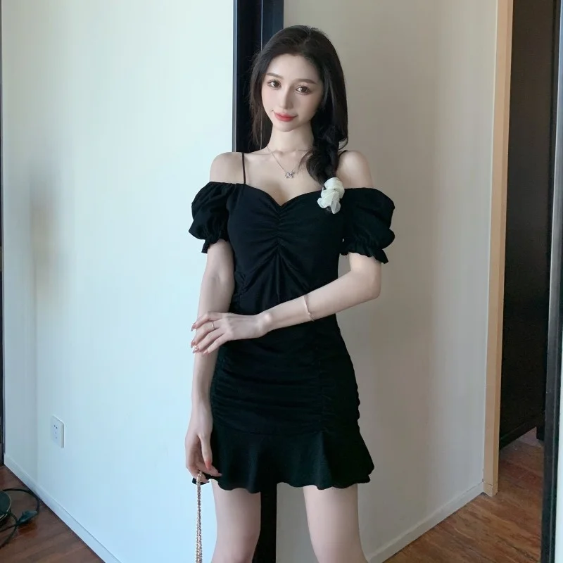 

#3416 Black Red White Pink Mermaid Dress Women Slash Nexk Sexy Short Sleeve Party Night Club Short Dress Ruffles Spaghetti Strap