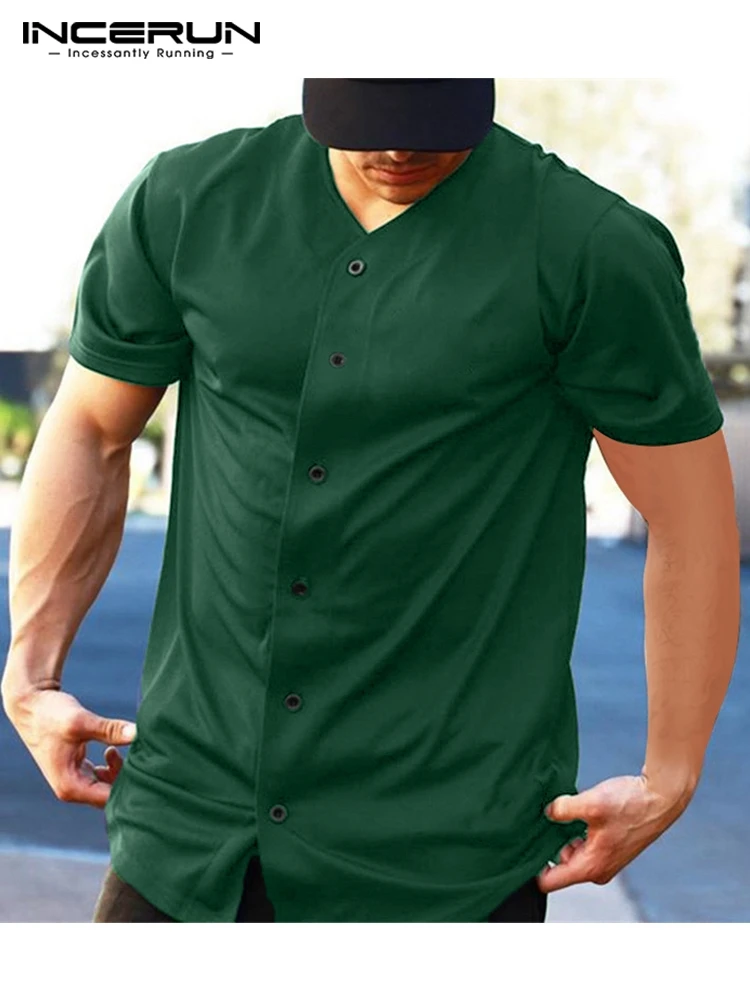 

INCERUN Men Casual Shirt Solid Color V Neck Short Sleeve 2022 Button Leisure Camisetas Streetwear Fitness Mean Clothing S-5XL