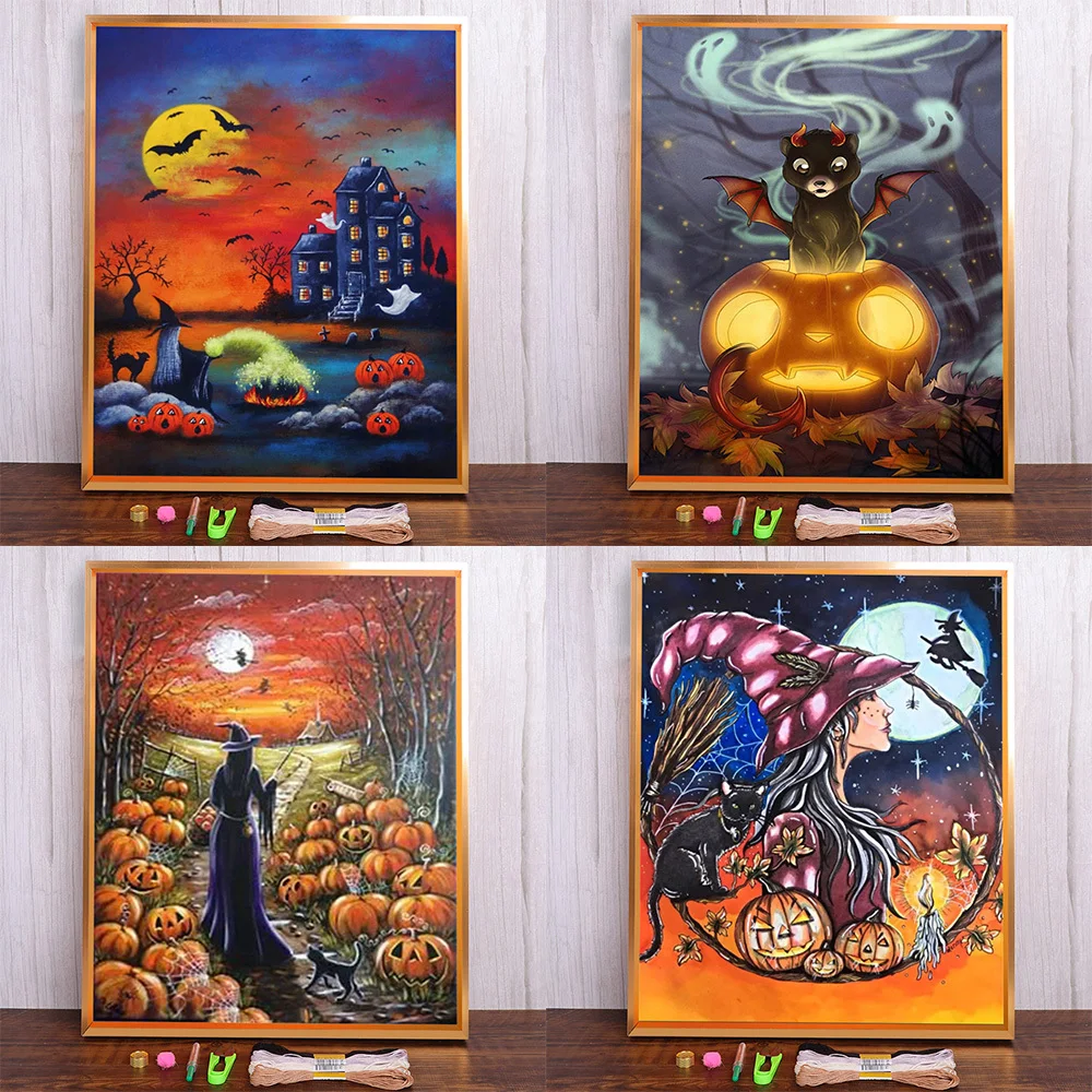 

Halloween Witch Pumpkin Cross Stitch Complete Kit DIY Embroidery Handmade Handicraft Needlework Sewing Floss Package For Adults