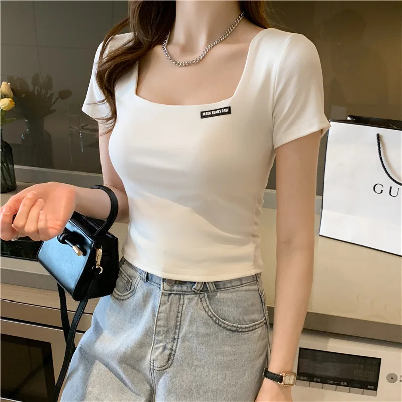 

0678 Crop Tops Women Summer Short Sleeves Square Collar Solid Color Simple Slim Fit Korean Casual Versatile T-Shirt Female Tees