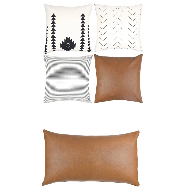 

6 Pcs Modern Design 100% Faux Leather Quality Decorative Throw Pillow Covers Only For Couch, Sofa, Or Bed - 2 Pcs 12 Inch X 20 I