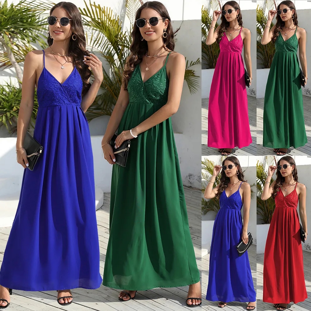 

2023 Summer Lace Cross Strap Dress European and American Women's New Slim Fit Style Dress Long Dress