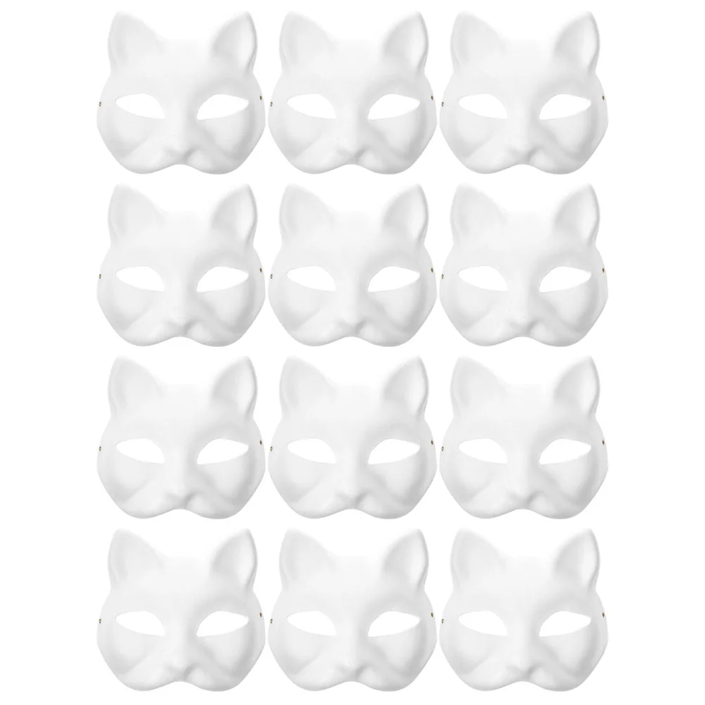 

12 Pcs Pulp Cat Face Mask Miss Adult Animal Costume White Plain Masks Paper Blank