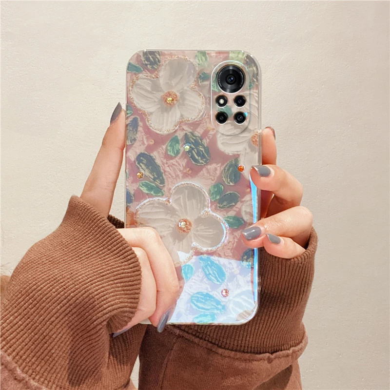 

Phone Case Cover for Huawei nova8 Oil Painting Blu-ray Camellia Silicone Protective Case Creative Rhinestones Silica Gel