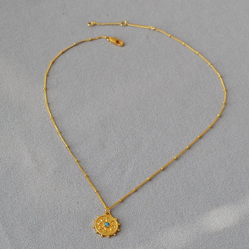 Женское ожерелье с подвеской в виде монеты натуральный бирюзовый кулон