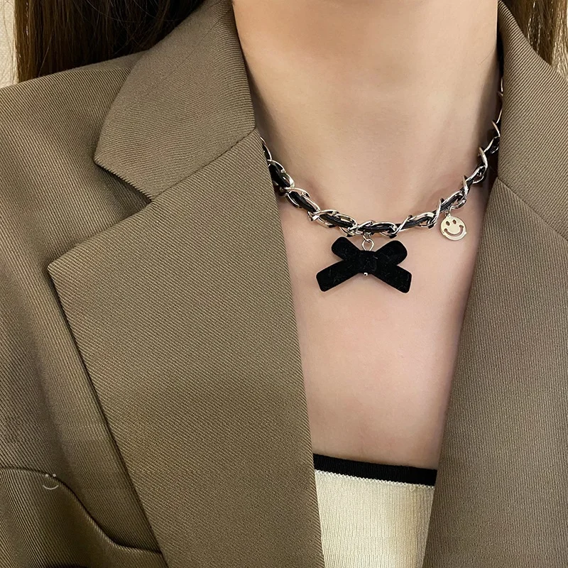 

Bow Black Leather necklace for girls Woman chains jewelry for women 2022 luxury brands