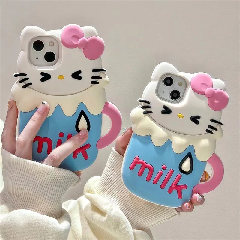 

3D Stereoscopic Sanrio Milk Cup Hello Kitty Phone Case for IPhone 14 13 12 11 Pro Max Cartoon Silicone Soft Back Cover
