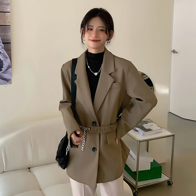 

Spring Autumn Korean Women Beige Khaki Black Suit Jacket Plus Sashes Notched Collar Long Sleeve Single-breasted Female Blazers