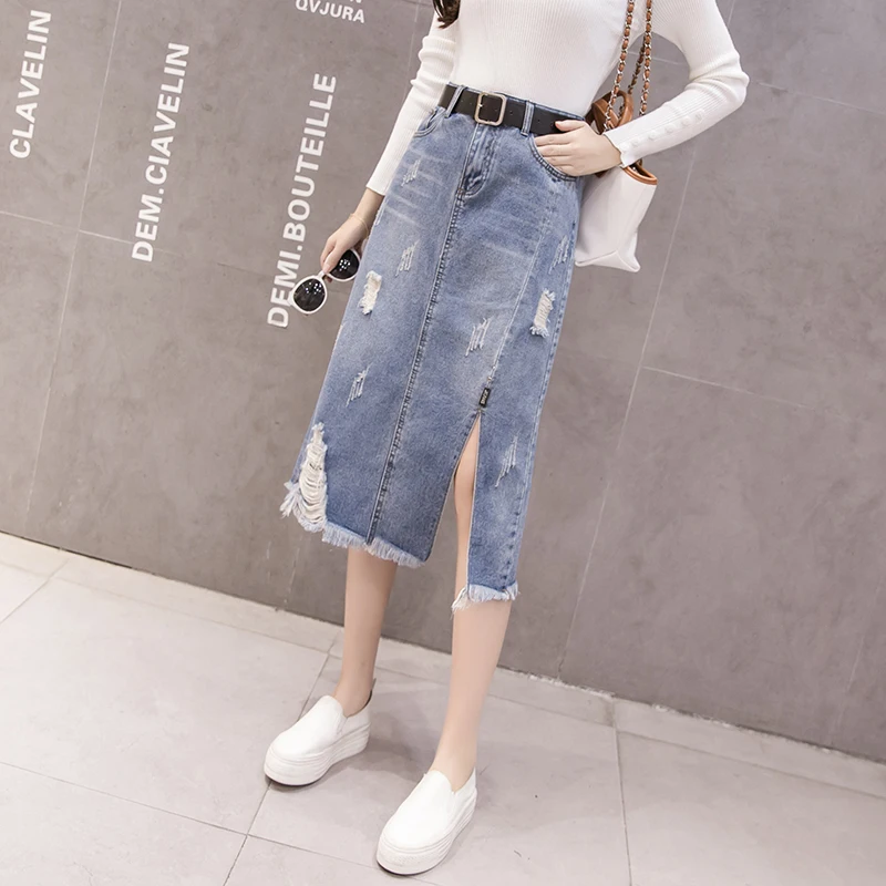 

COIGARSAM Women Skirt Spring 2022 High Waist Hole Blue Skirts Dropshipping