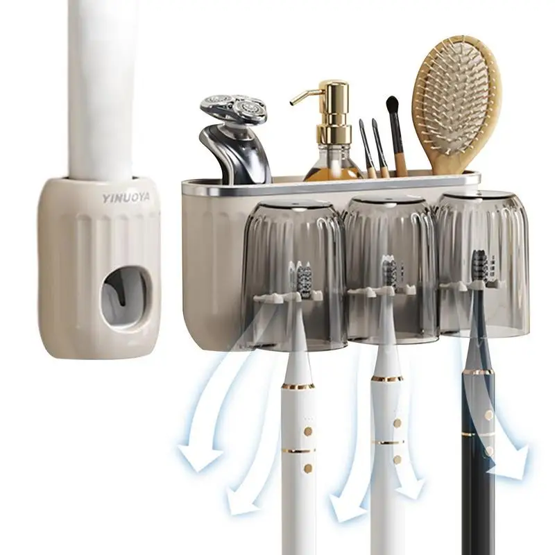 

Toothpaste Dispenser Toothpaste Holder Organizer Portable Punch Free Tooth Brushing Hanger Self Adhesive Bathroom Rack For