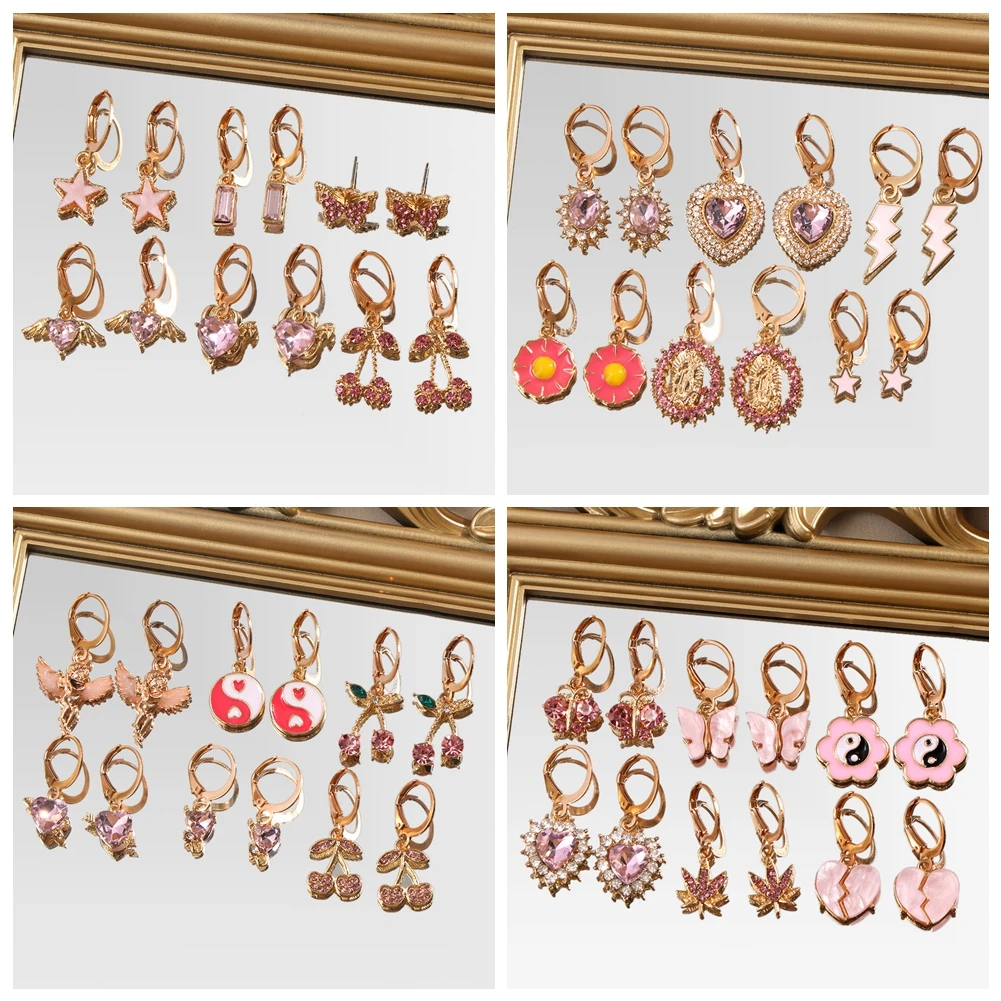 

Flatfoosie Pink Acrylic Butterfly Heart Drop Earrings Set For Women Girls Trendy Heart Crystal Dangle Earring Party Jewelry Gift