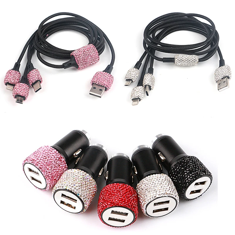 

Bling Car Charger 5V 2.1A Dual Port Car USB Adapter Fast Charge with 3 In 1 Charging Cable Rhinestones Car Decoration for Women