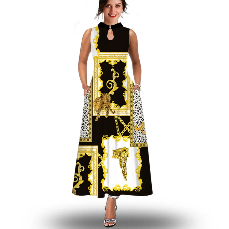 

2022 Summer Women's Fashion Sexy Digital Printed Long Dress V-Neck Sleeveless Pocket Maxi Dress Robe Femme Elegantes