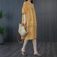 solid color women dress oversize female clothes new summer short sleeve loose casual literary stitching ladies mid length skirt