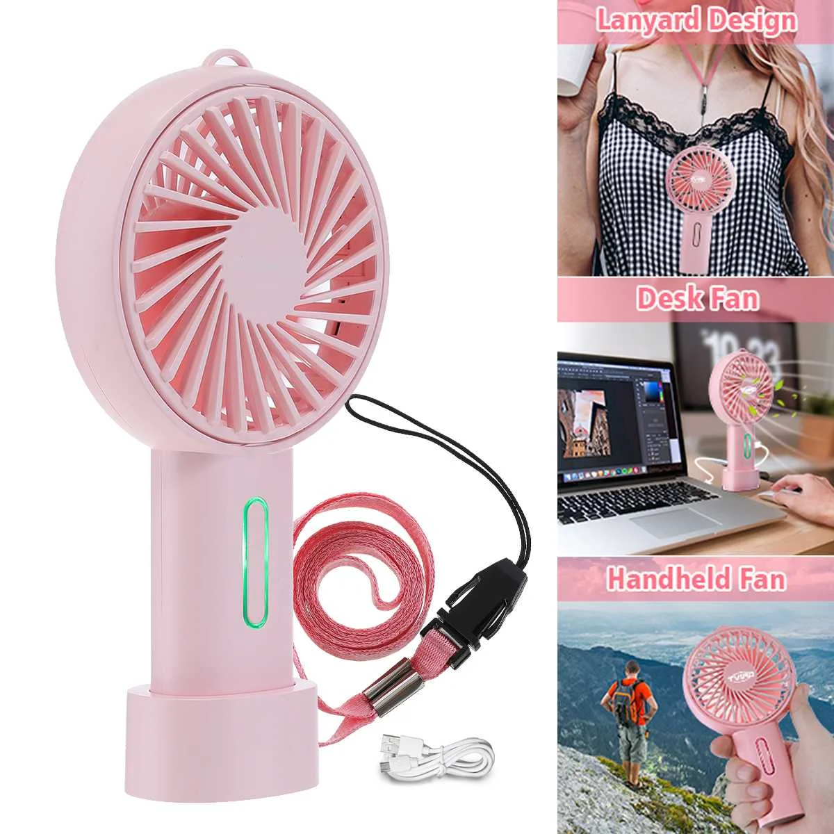 

Mini Handheld Fan Portable USB Rechargeable Battery Cooling Desktop with None Slip Base 3 Speed Adjustable for Travel Outdoor