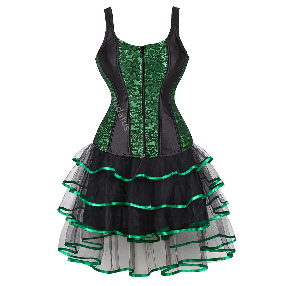Green Corset Dress Tutu Skrits Set Strap Zipper With Lace Costume Party Sexy Burlesque Ladies Outfit Plus Size Gothic Halloween