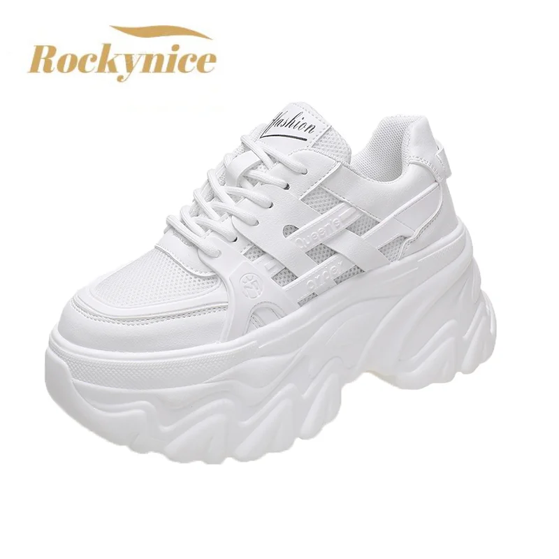 Women New 2022 Autumn Hidden Heel Platform Sports Dad Shoes Woman Lace Up Breathable Mesh Casual Shoes 8cm