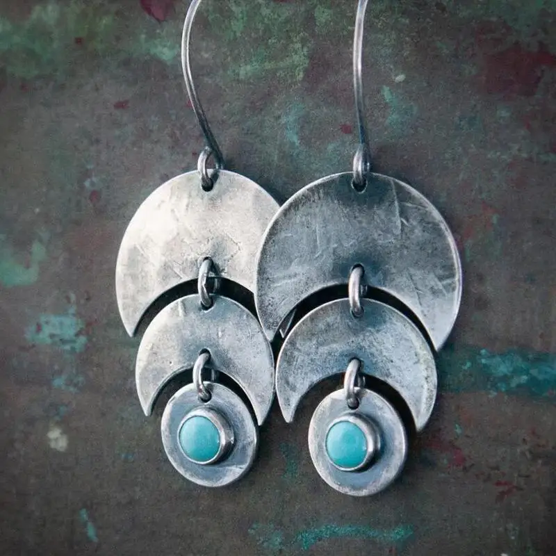 

Ethnic Style Moon Phase Stitching Alloy Earrings Green Stone Round Geometric Earrings