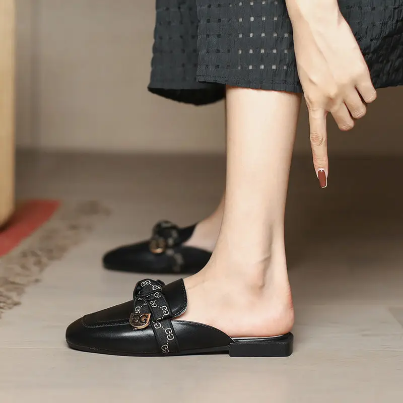 

Sandals Low Heel Mules Shoes for Women Leather Designer Slippers Comfortable Flat Women's Mules Fashion Slipper Summer New 2022