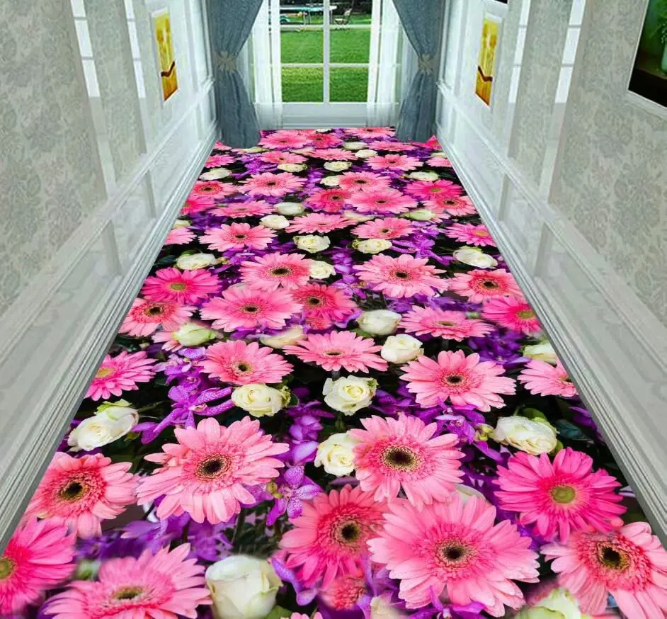 

Pink Floral Print 3D Carpet Hallway Corridor Rugs Living Room Area Rug Home Decor Bedroom Kitchen Mat Flannel Non-slip Doormat