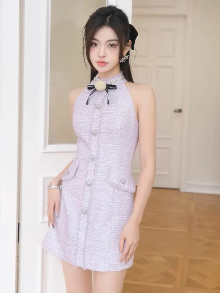 

Корейские милые маленькие ароматные твидовые платья для женщин 2023 модное французское роскошное летнее платье со стразами Горячее сексуальное женское платье