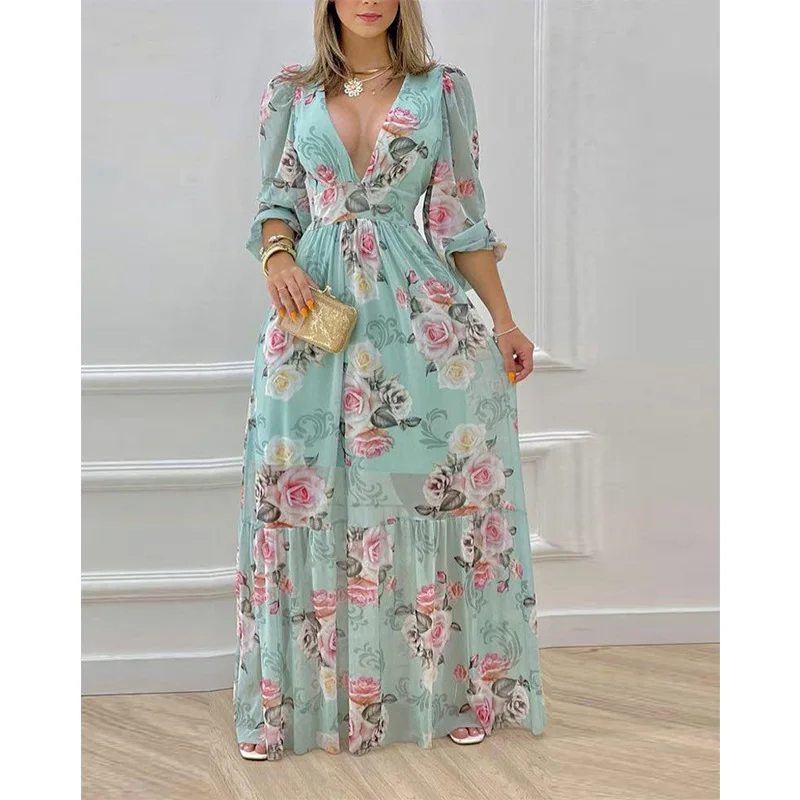 

2022 Spring and Summer New Rose One-piece Dress Deep V Lantern Sleeves Waist Big Swing Bohemian Dress