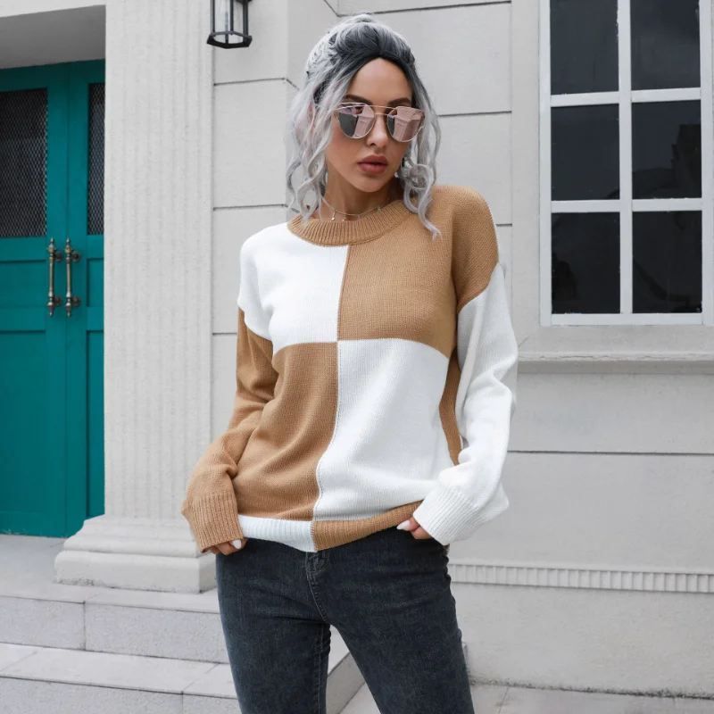 

Женский свитер в клетку свободного покроя, с круглым вырезом и длинным рукавом