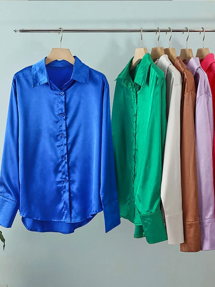Атласная женская рубашка поло воротник элегантные офисные женские рубашки топы