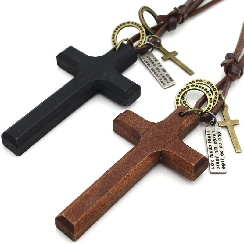 

Vintage Black Brown Cross Pendant Necklace for Men Woman Wood Crucifix Prayer Christian Religious Necklaces Male Jewelry Gifts