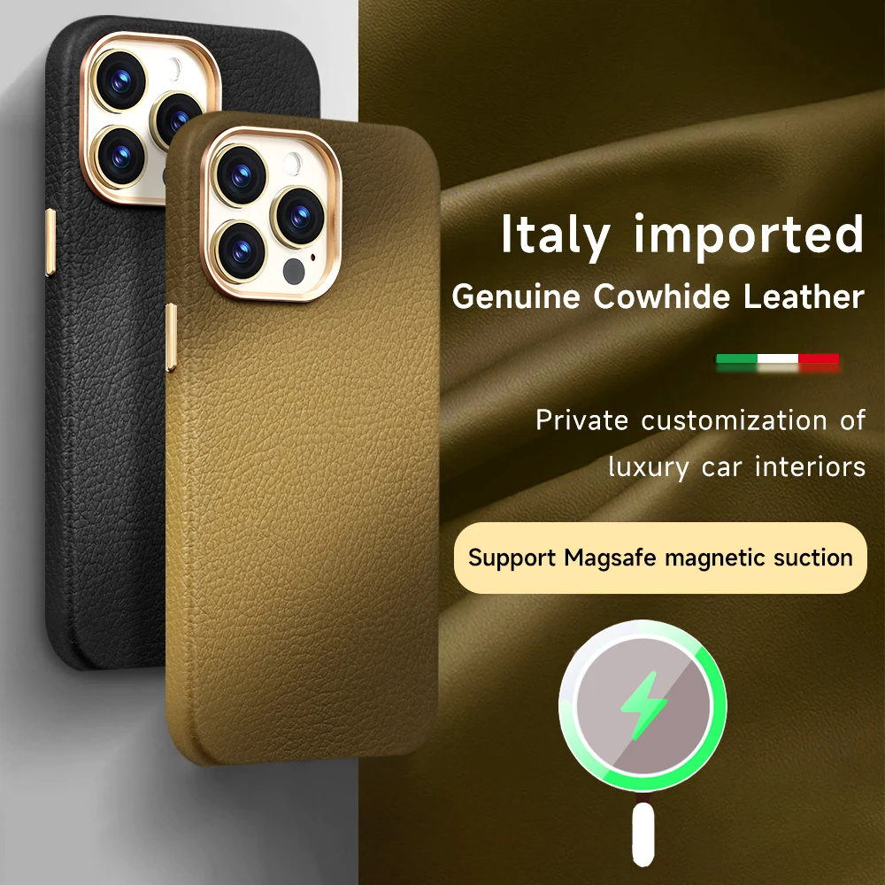 

Genuine Leather Phone Case for Magsafe Case for iPhone 14 13 Pro Max 14 Plus Litchi Grain Wireless Charging Magnetic Back Cover