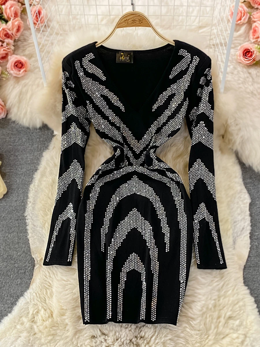 

Women Sexy Black Bling Diamonds Bodycon Mini Dress Female Spring Autumn Elegant V-Neck Long Sleeve High Waist Party Vestidos New