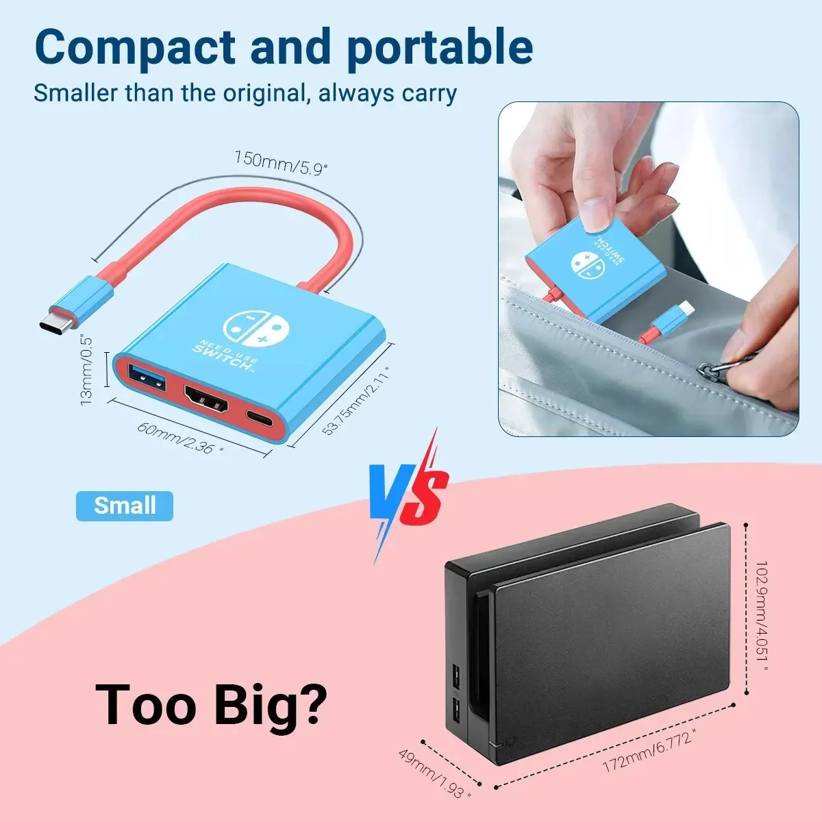 Фото Портативная док-станция Nintendo Switch 3 в 1, концентратор TYPE-C к 4K HDTV с HDMI и USB 3.0 для телефона Steam Deck, iPad, ноутбука №5