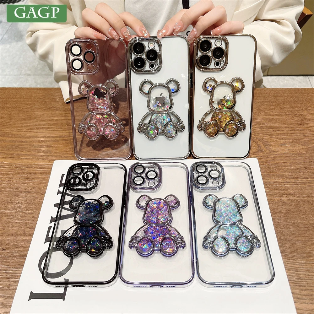 

Cartoon Bear Case for iPhone 11 12 13 Pro Max Ins Cute Glitter Quicksand Plating Cover for iPhone 14 Pro Xs Max X Xr 7 8 Plus