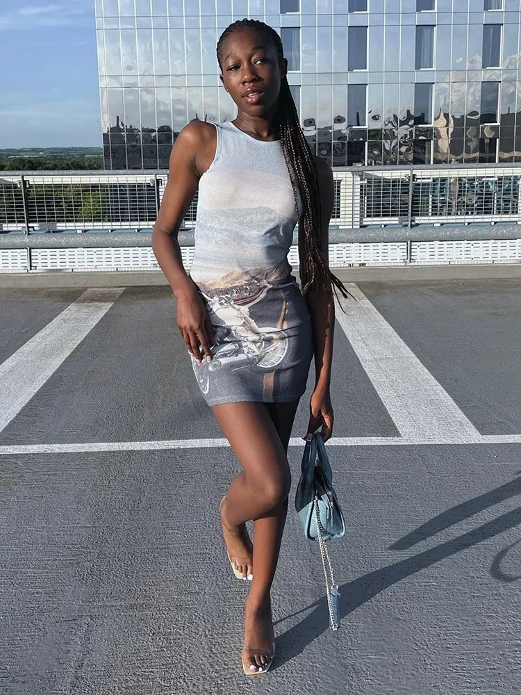 

Мини-платья WJFZQM женские с круглым вырезом, пикантная уличная одежда без рукавов, облегающее повседневное вечернее платье с принтом, модный ...