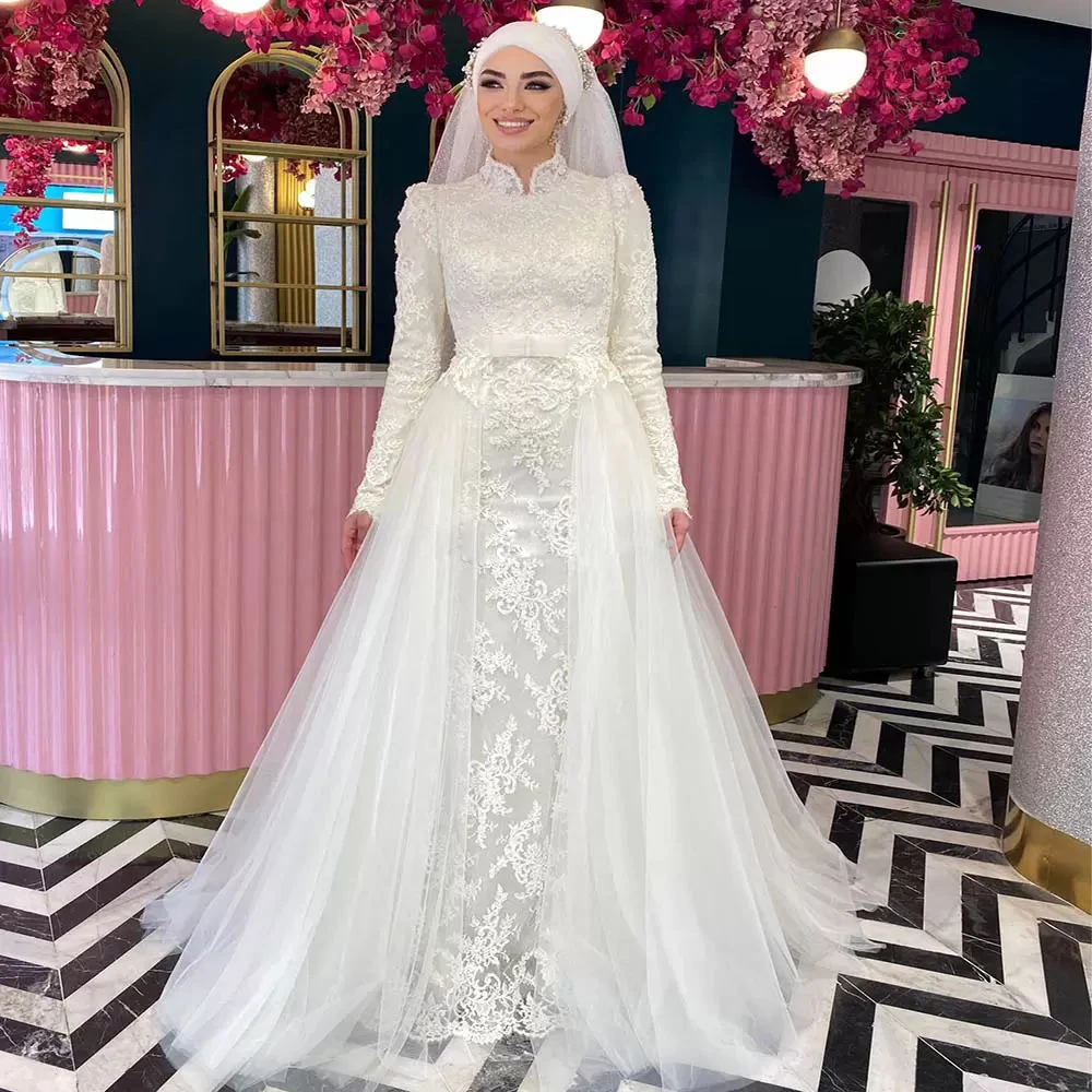 

Vintage Ivory Muslim Wedding Dresses Lace Mermaid Dubai Arabic Bridal Gown With Detachable Train 2 in 1 Turkish Islamic Vestido