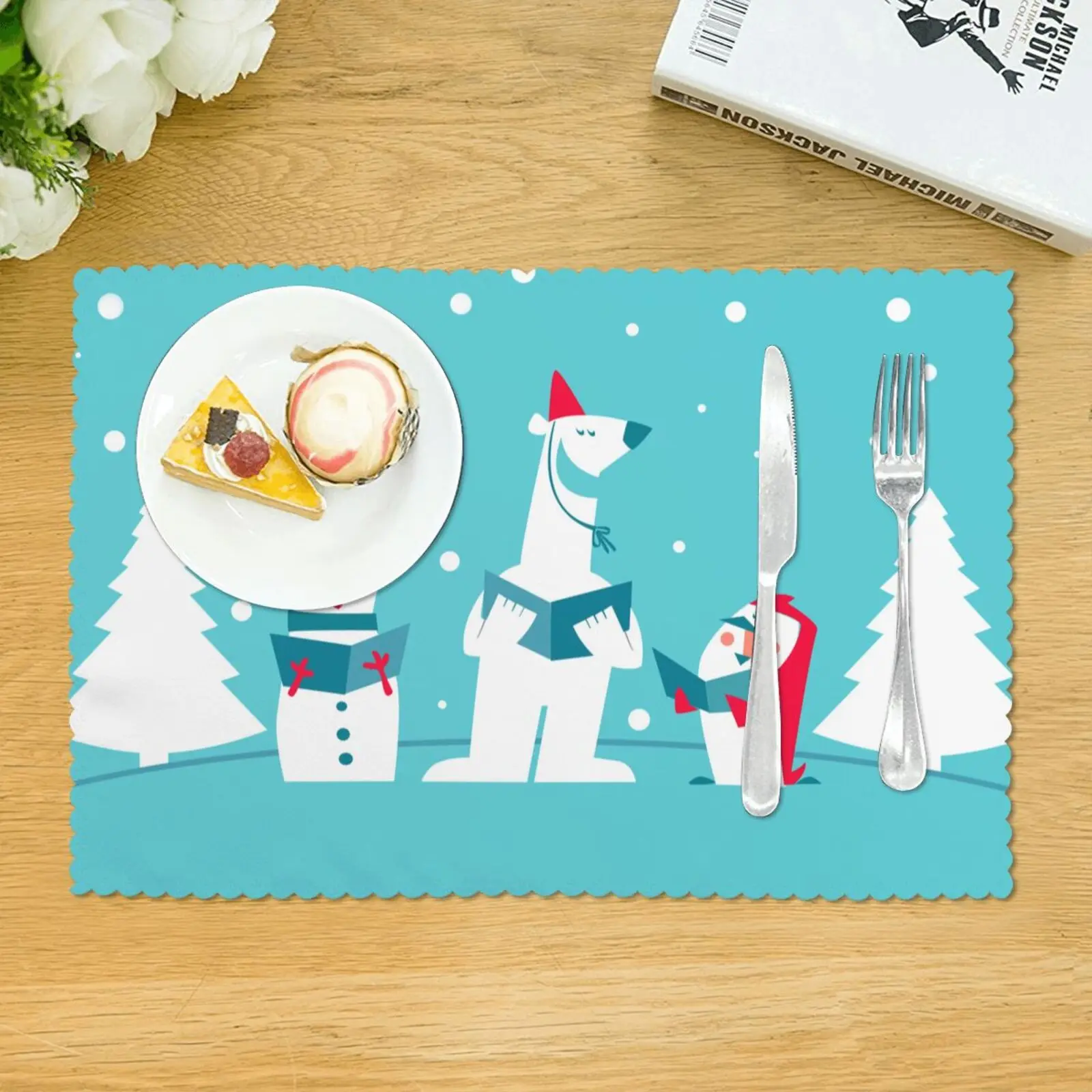 

Christmas Bear Blue Placemat Polyester Single Side Printed 12x18 Inch Strong Heat Resistance Set of 4 Placemats for Table