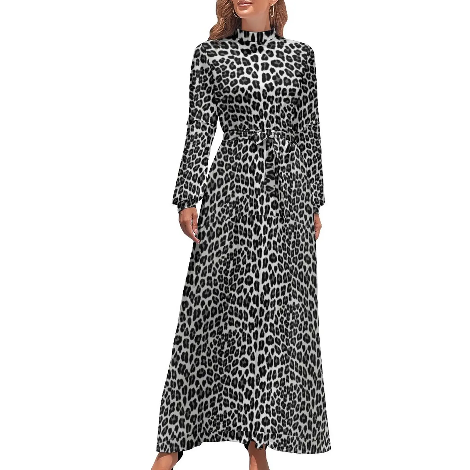 

Cheetah Print Dress Long Sleeve Snow Leopard Cute Maxi Dress Summer High Waist Basic Bohemia Long Dresses Vestido Birthday Gift