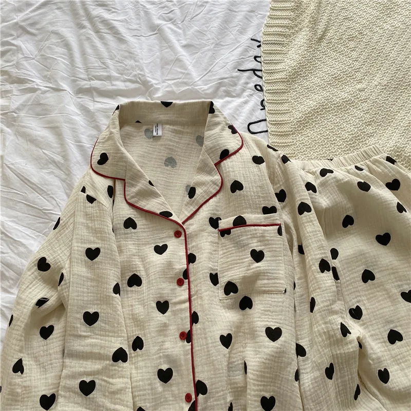 Love Pajamas Women's  Bedgown Spring/ Autumn Double-layer Yarn Cotton Gauze   Long-sleeved Two-piece Suit Breathable Home Wear