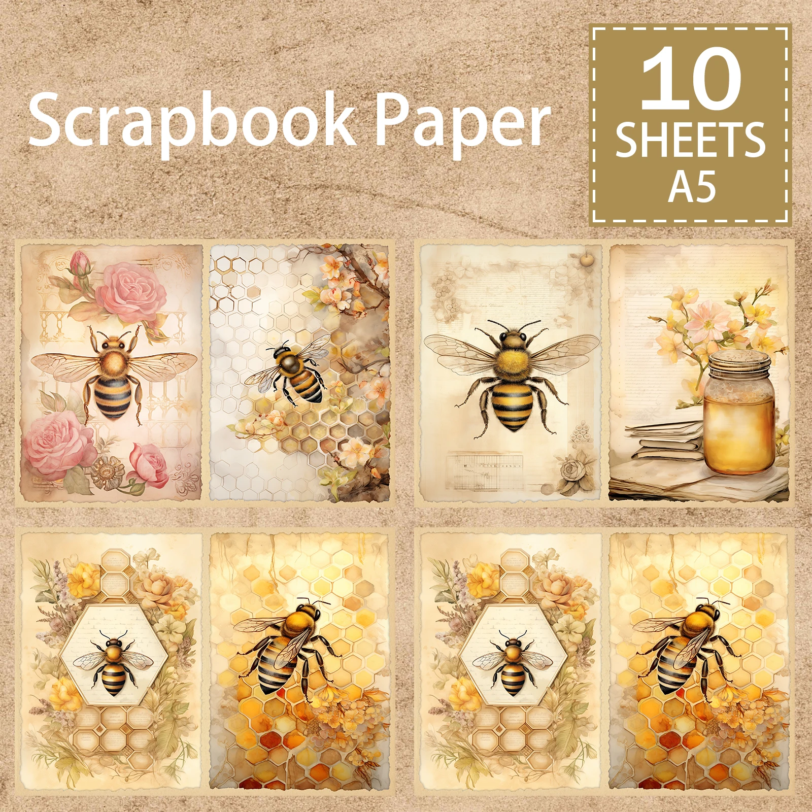Винтажный фон для скрапбукинга с изображением пчелы и сот размером A5 10 листов
