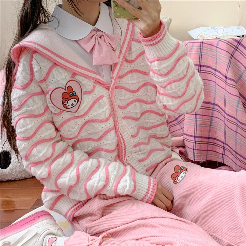 

Kawaii Sanrioed New My Melody Anime Peripheral Girls Knitwear Top Cute Cartoon Loose Fashion Casual Navy Collar Jacket Casual