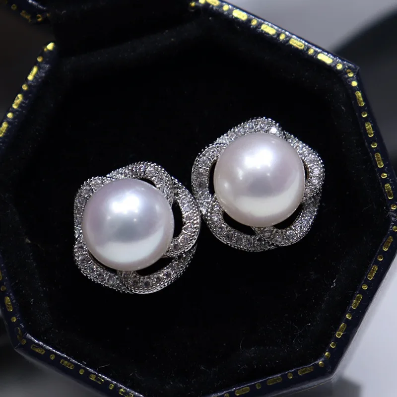 Серьги-гвоздики с цветком и пресноводным жемчугом женские весенние серьги 9-10 мм