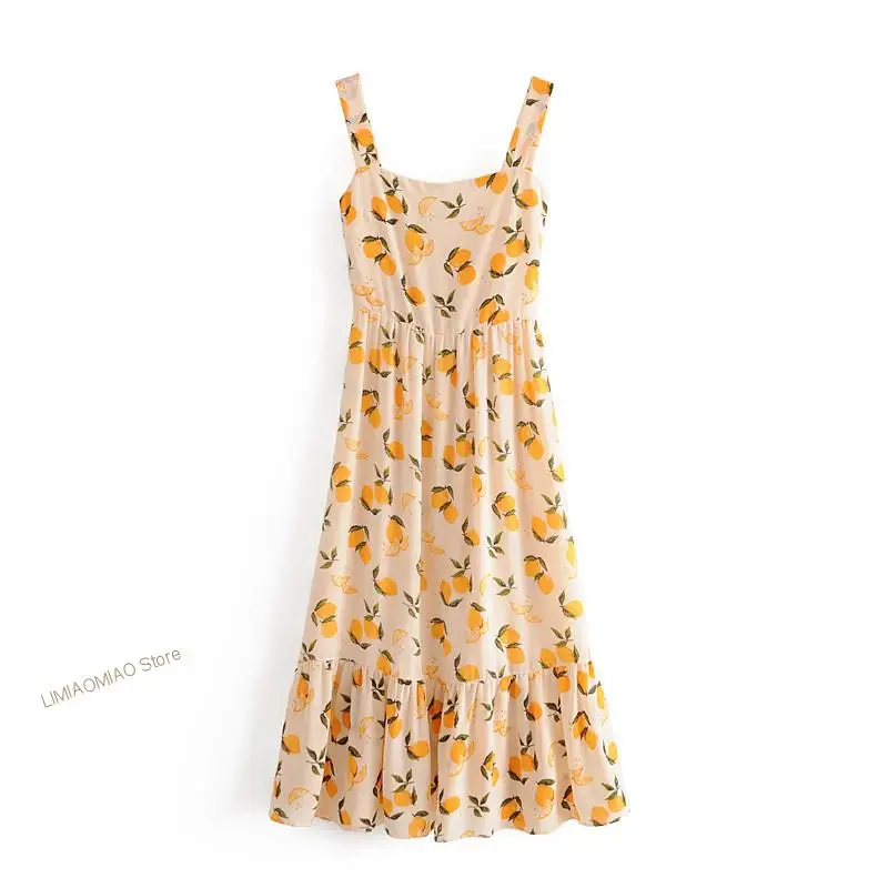 

2022 Merodi summer vintage french style high waist lemon print long dresses chic lady pleated slim sling dress vestido de mujer