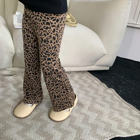 Женские леопардовые брюки для маленьких девочек, одежда для маленьких девочек, осенние брюки-клеш, элегантные детские брюки, модные брюки