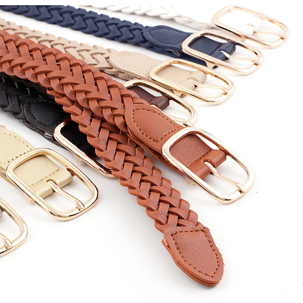 

Hand-woven Women PU Leather Braided Belt Golden Square Pin Buckle Thin Belt New Fashion Causal Jeans Dress Waistband Decorative